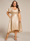 A-Line V-neck High-Low Short Sleeves Wedding Guest Dress with Pockets