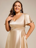 Plus Size A-Line Satin V-Neck Midi Wedding Guest Dress with Pockets
