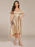 A-Line V-neck High-Low Short Sleeves Wedding Guest Dress with Pockets