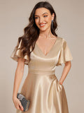 A-Line V-neck High-Low Short Sleeves Wedding Guest Dress with Pockets