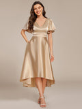 A-Line V-neck High-Low Short Sleeves Wedding Guest Dress with Pockets
