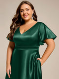 A-Line V-neck High-Low Short Sleeves Wedding Guest Dress with Pockets