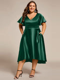 A-Line V-neck High-Low Short Sleeves Wedding Guest Dress with Pockets