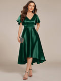A-Line V-neck High-Low Short Sleeves Wedding Guest Dress with Pockets