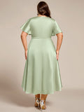 A-Line V-neck High-Low Short Sleeves Wedding Guest Dress with Pockets
