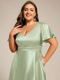 A-Line V-neck High-Low Short Sleeves Wedding Guest Dress with Pockets