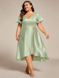 A-Line V-neck High-Low Short Sleeves Wedding Guest Dress with Pockets