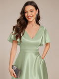A-Line V-neck High-Low Short Sleeves Wedding Guest Dress with Pockets