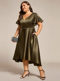 A-Line V-neck High-Low Short Sleeves Wedding Guest Dress with Pockets