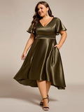 Plus Size A-Line Satin V-Neck Midi Wedding Guest Dress with Pockets