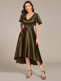 A-Line V-neck High-Low Short Sleeves Wedding Guest Dress with Pockets