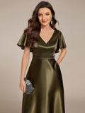 A-Line V-neck High-Low Short Sleeves Wedding Guest Dress with Pockets