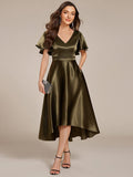 A-Line V-neck High-Low Short Sleeves Wedding Guest Dress with Pockets