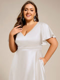 A-Line V-neck High-Low Short Sleeves Wedding Guest Dress with Pockets
