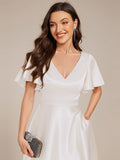 A-Line V-neck High-Low Short Sleeves Wedding Guest Dress with Pockets