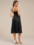 A-Line Spaghetti Strap Scoop Neck Pleats Satin Wedding Guest Dress