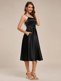 A-Line Spaghetti Strap Scoop Neck Pleats Satin Wedding Guest Dress