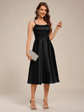 A-Line Spaghetti Strap Scoop Neck Pleats Satin Wedding Guest Dress