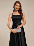 A-Line Spaghetti Strap Scoop Neck Pleats Satin Wedding Guest Dress