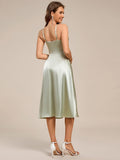 A-Line Spaghetti Strap Scoop Neck Pleats Satin Wedding Guest Dress