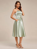 A-Line Spaghetti Strap Scoop Neck Pleats Satin Wedding Guest Dress