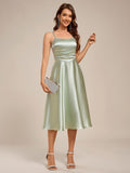 A-Line Spaghetti Strap Scoop Neck Pleats Satin Wedding Guest Dress