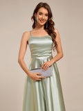 A-Line Spaghetti Strap Scoop Neck Pleats Satin Wedding Guest Dress