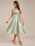 A-Line Spaghetti Strap Scoop Neck Pleats Satin Wedding Guest Dress