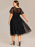 Plus Size A-Line Sequin Appliques Midi Wedding Guest Dress with Short Sleeves