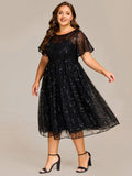 Plus Size A-Line Sequin Appliques Midi Wedding Guest Dress with Short Sleeves