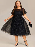 Plus Size A-Line Sequin Appliques Midi Wedding Guest Dress with Short Sleeves