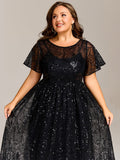 Plus Size A-Line Sequin Appliques Midi Wedding Guest Dress with Short Sleeves