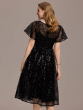 Sheer A-Line Ruffle Sequin Appliques Wedding Guest Dress with Short Sleeves