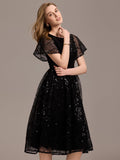 Sheer A-Line Ruffle Sequin Appliques Wedding Guest Dress with Short Sleeves