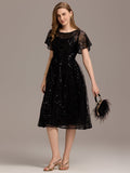 Sheer A-Line Ruffle Sequin Appliques Wedding Guest Dress with Short Sleeves