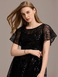 Sheer A-Line Ruffle Sequin Appliques Wedding Guest Dress with Short Sleeves