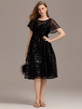Sheer A-Line Ruffle Sequin Appliques Wedding Guest Dress with Short Sleeves