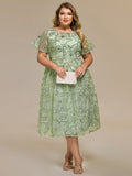Plus Size A-Line Sequin Appliques Midi Wedding Guest Dress with Short Sleeves