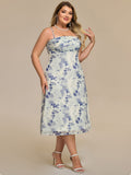 Spaghetti Straps Floral Print Pleated Sleeveless Wedding Guest Dress