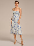 Spaghetti Straps Floral Print Pleated Sleeveless Wedding Guest Dress