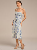 Spaghetti Straps Floral Print Pleated Sleeveless Wedding Guest Dress
