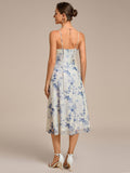 Spaghetti Straps Floral Print Pleated Sleeveless Wedding Guest Dress