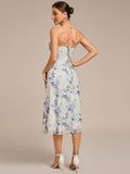 Spaghetti Straps Floral Print Pleated Sleeveless Wedding Guest Dress