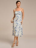 Spaghetti Straps Floral Print Pleated Sleeveless Wedding Guest Dress