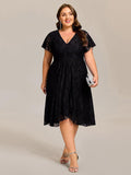 Plus Size A-Line Short Sleeves V-Neck Lace Midi Wedding Guest Dress