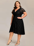 Plus Size A-Line Short Sleeves V-Neck Lace Midi Wedding Guest Dress