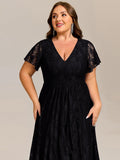 Plus Size A-Line Short Sleeves V-Neck Lace Midi Wedding Guest Dress