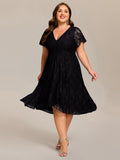 Plus Size A-Line Short Sleeves V-Neck Lace Midi Wedding Guest Dress