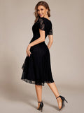A-Line Ruffle Short Sleeves V-Neck Empire-Waist Lace Wedding Guest Dress