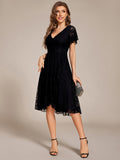 A-Line Ruffle Short Sleeves V-Neck Empire-Waist Lace Wedding Guest Dress